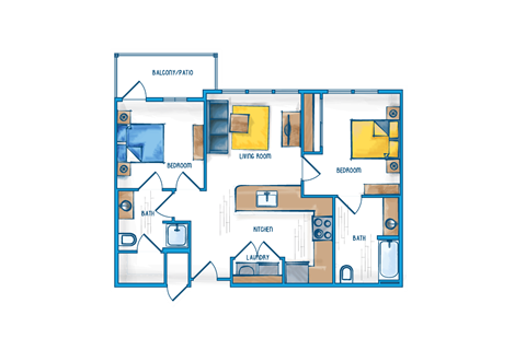 Floor plan for 2 beds, 2 baths, 835 sqft